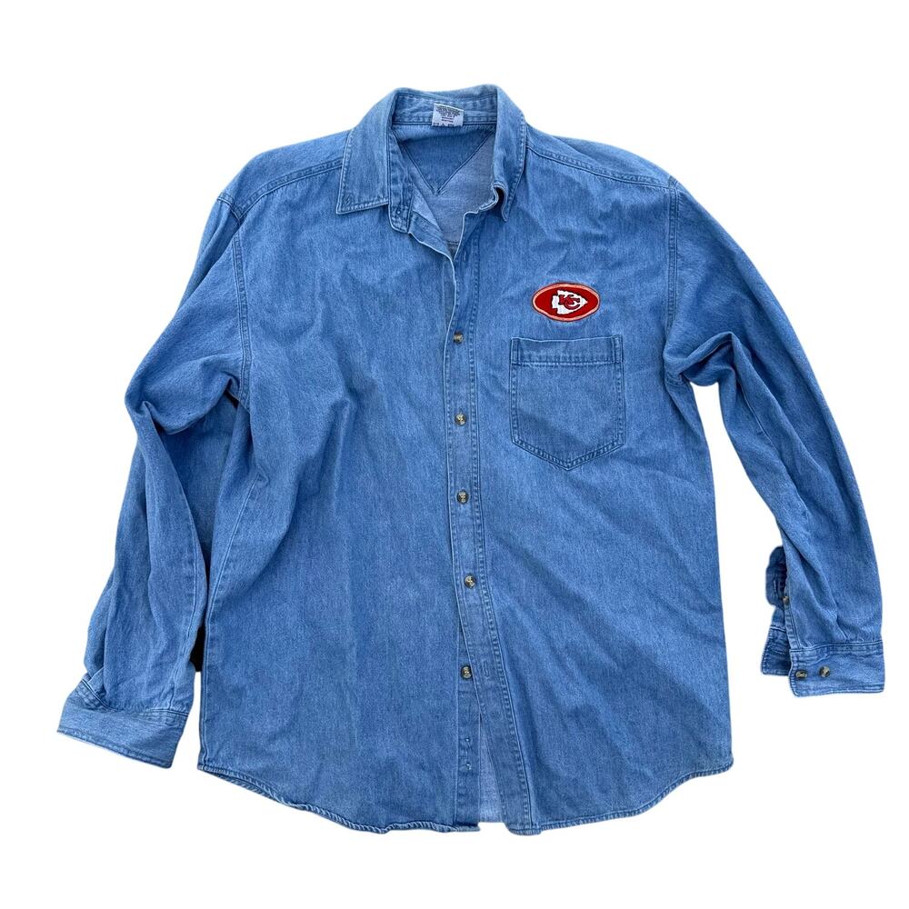 Vintage KC Kansas City Chiefs True Fan Women's Medium Denim Shirt Button Up